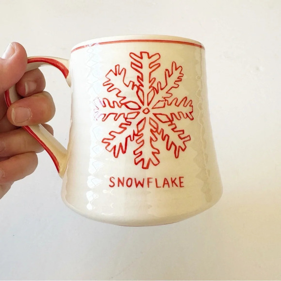 Molly Hatch Anthropologie Snowflake Coffee Mug Pottery Cream Red Winter Vibes - Picture 9 of 11